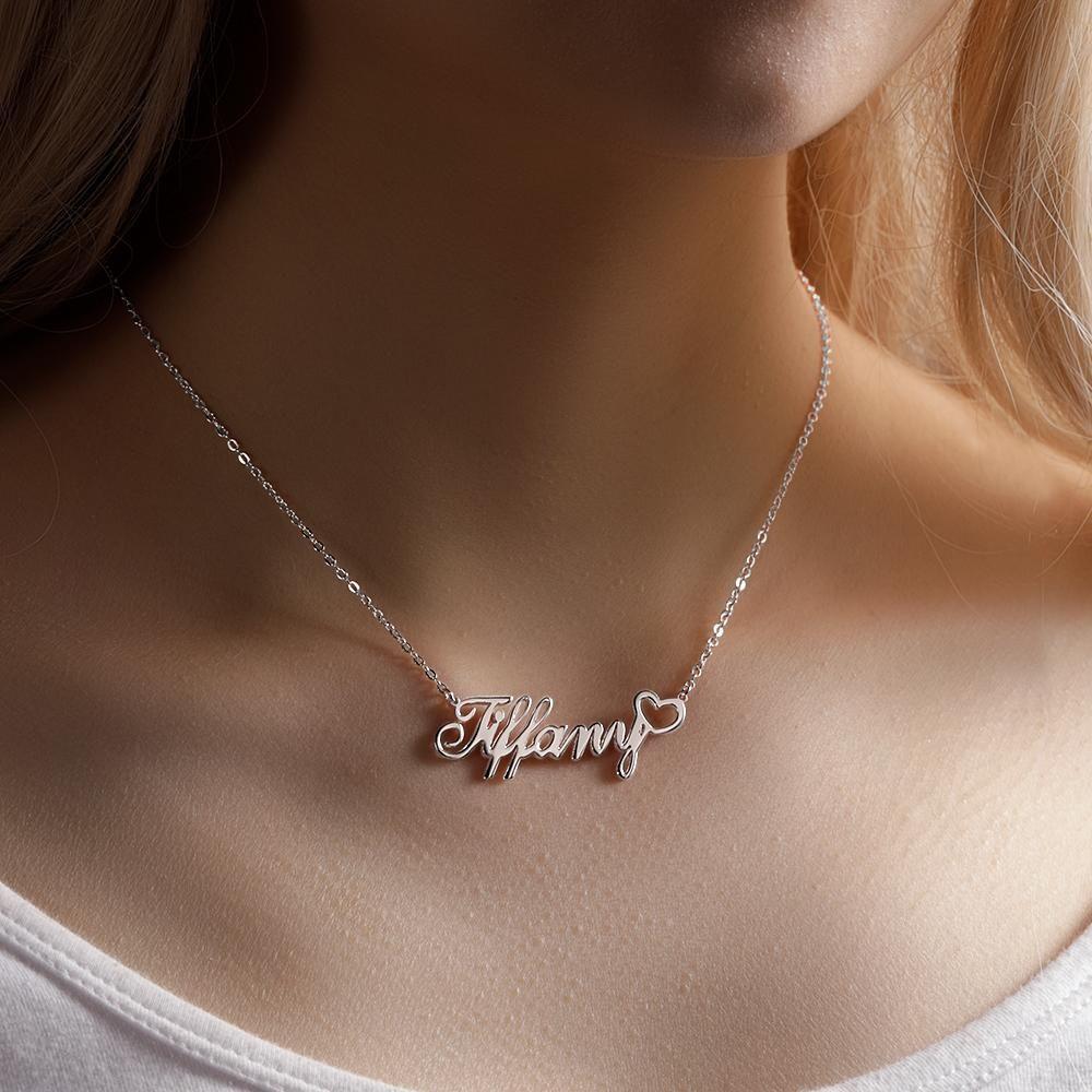 Personalized Name Necklace with Little Heart, Gifts for Her Platinum  Plated Silver