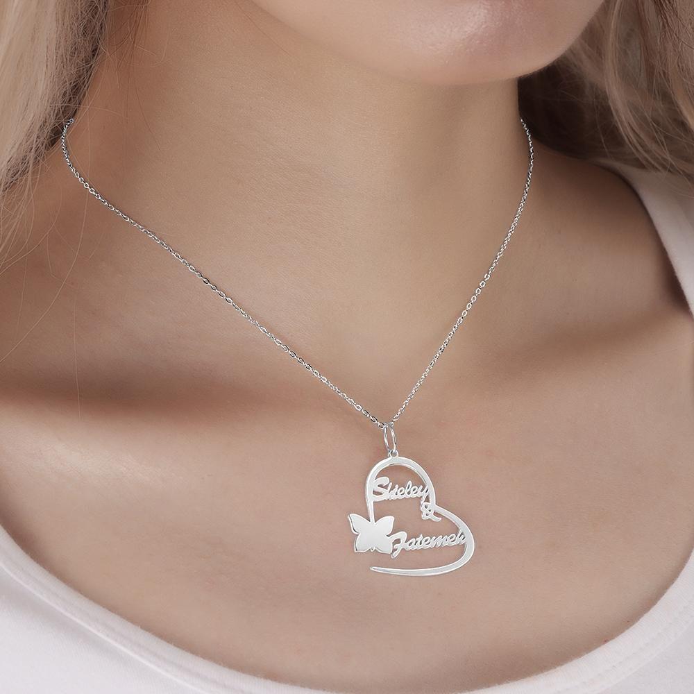 Name Necklace Couple's Necklace Heart-shaped with Little Butterfly Silver