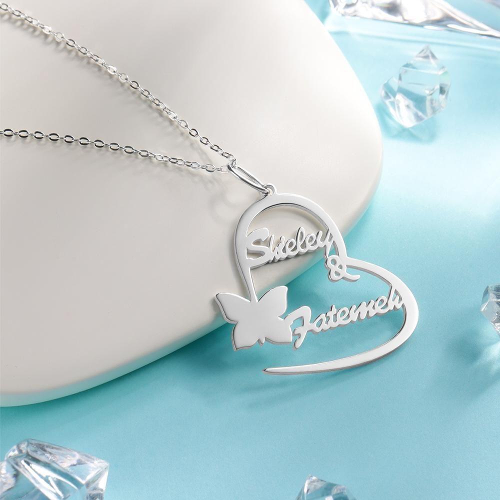 Name Necklace Couple's Necklace Heart-shaped with Little Butterfly Silver