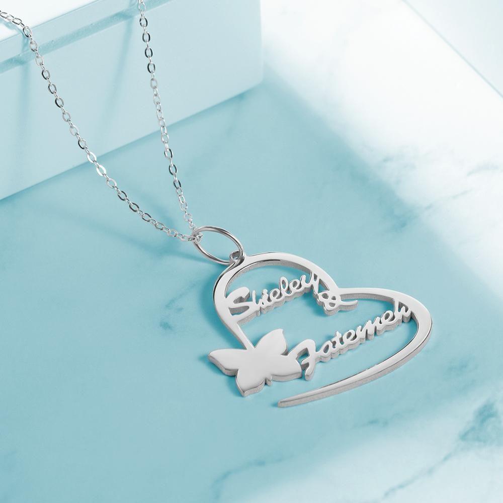 Name Necklace Couple's Necklace Heart-shaped with Little Butterfly Silver