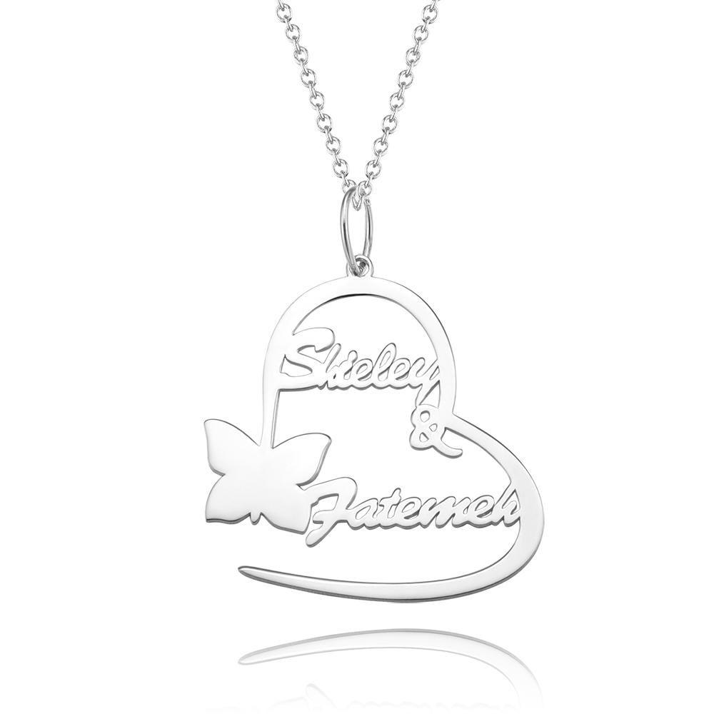 Name Necklace Couple's Necklace Heart-shaped with Little Butterfly Silver
