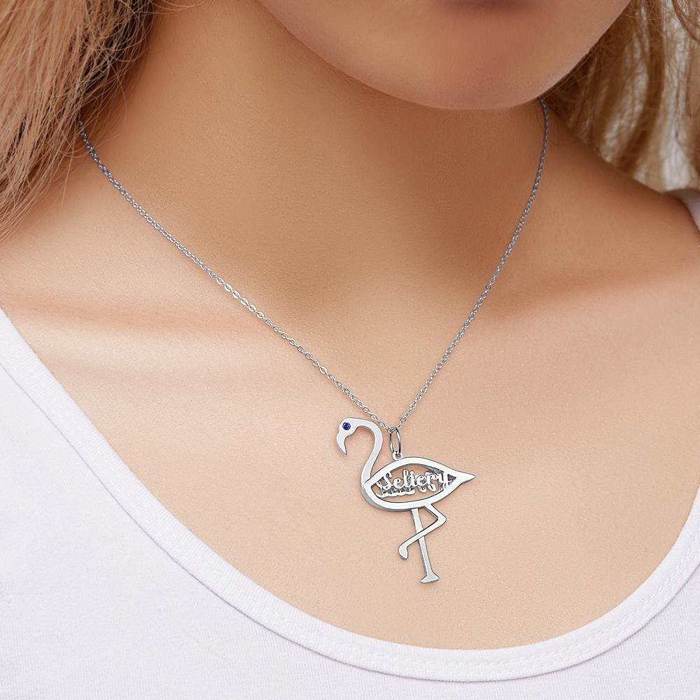 Name Necklace with Birthstone Necklace Flamingo Pendant Unique Gifts Silver