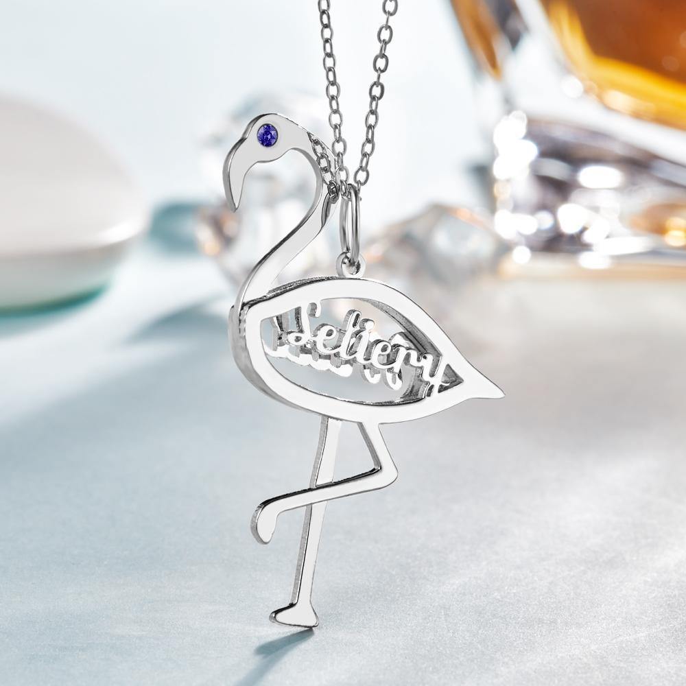 Name Necklace with Birthstone Necklace Flamingo Pendant Unique Gifts Silver