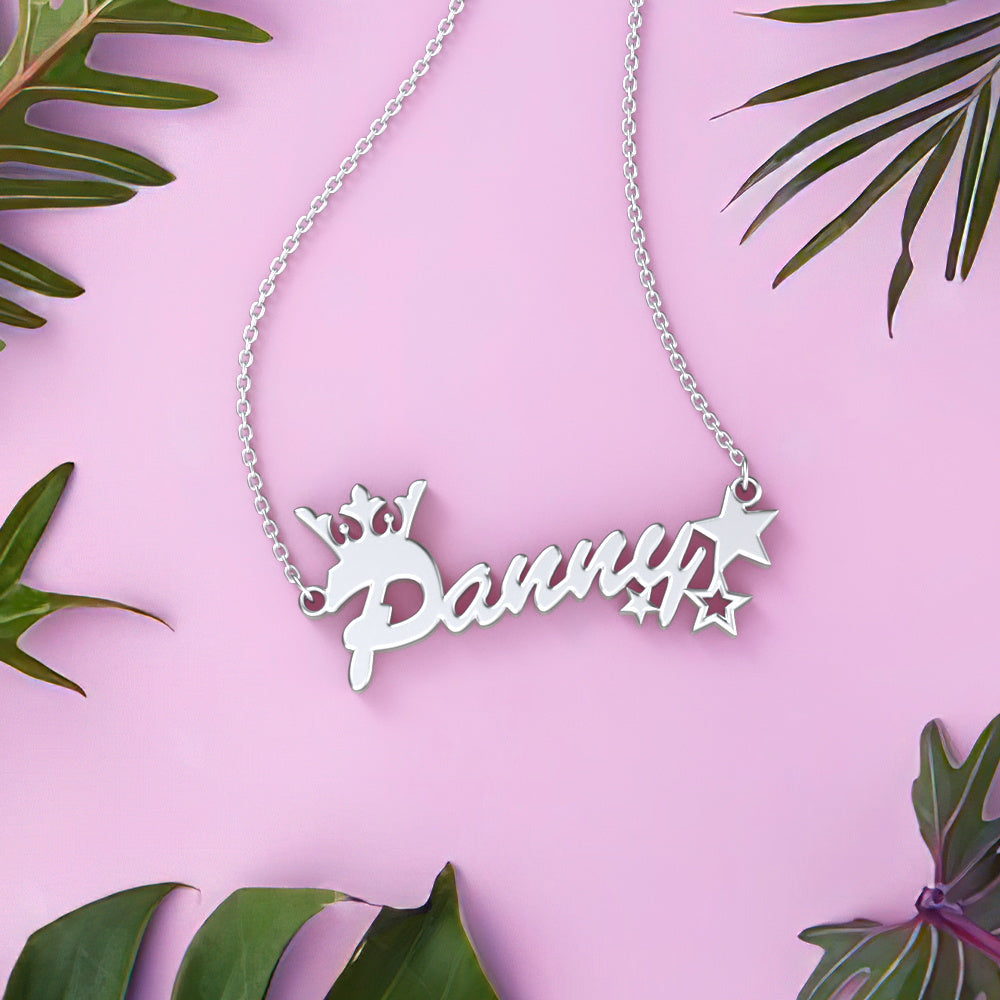Custom Name Necklace Crown and Stars Necklace Shining Little Princess