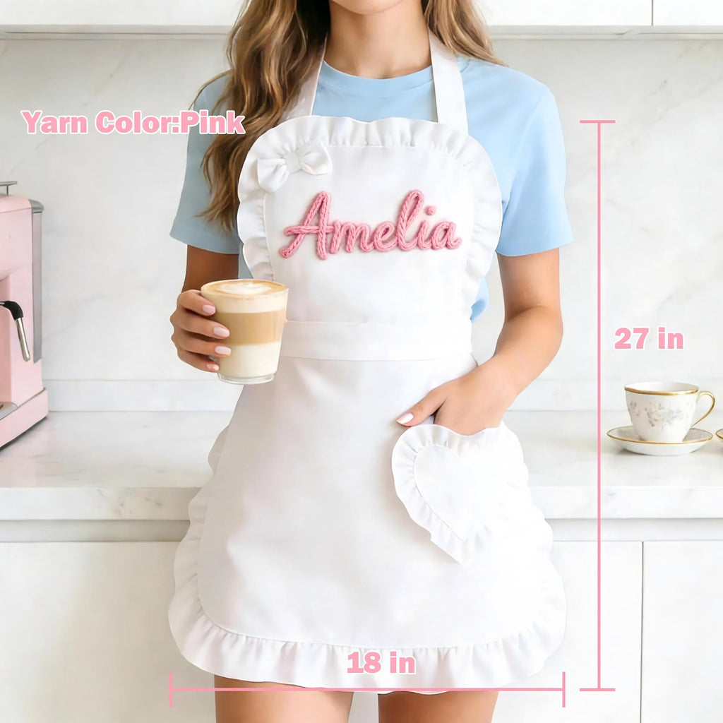 Custom Name Pink Apron Ruffled Heart Pocket Baking Lover Gift for Her