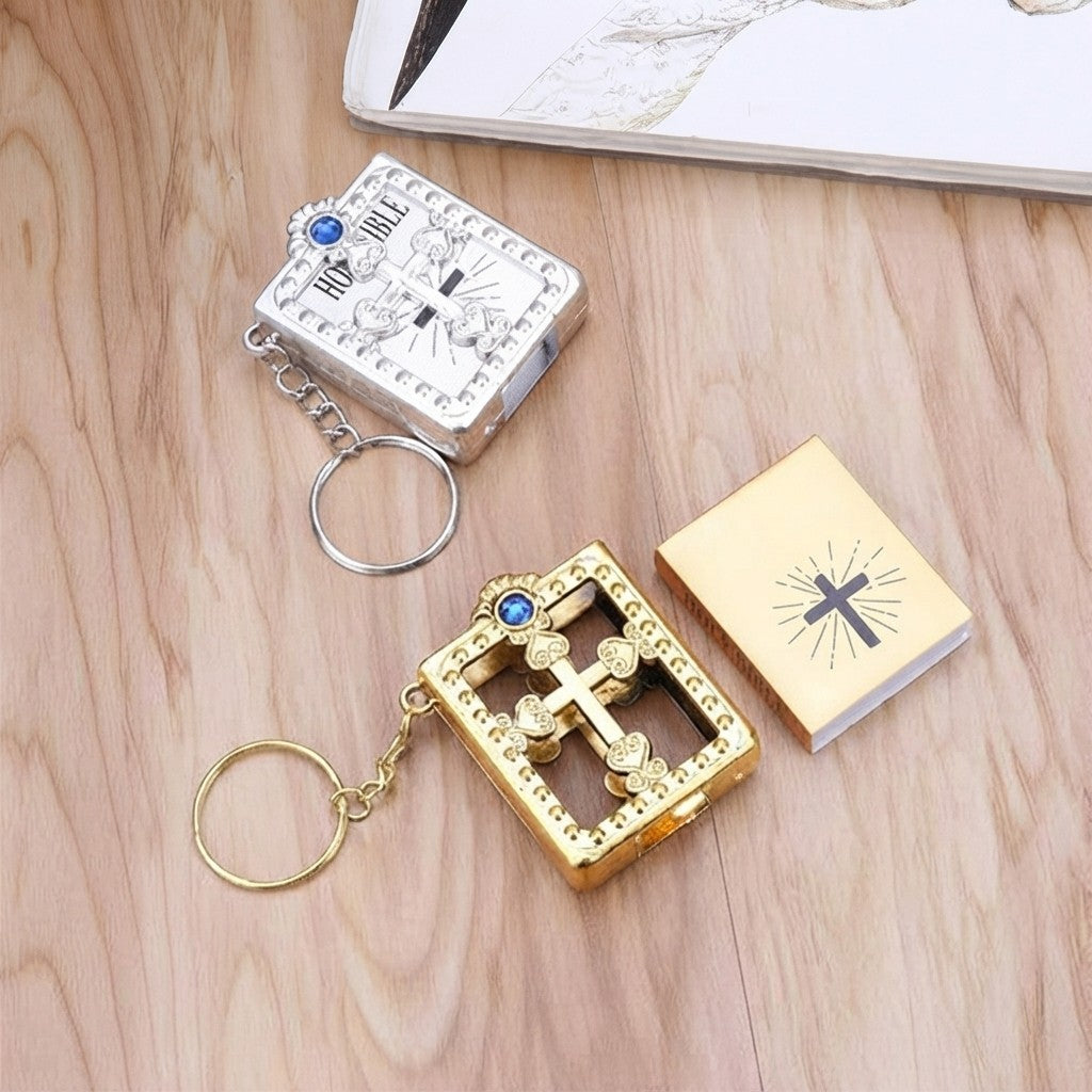 **Mini Bible Keychain – Cross Metal Book Frame with Real Readable Mini Bible, Pocket Scripture Key Ring, Religious Keepsake Gift**