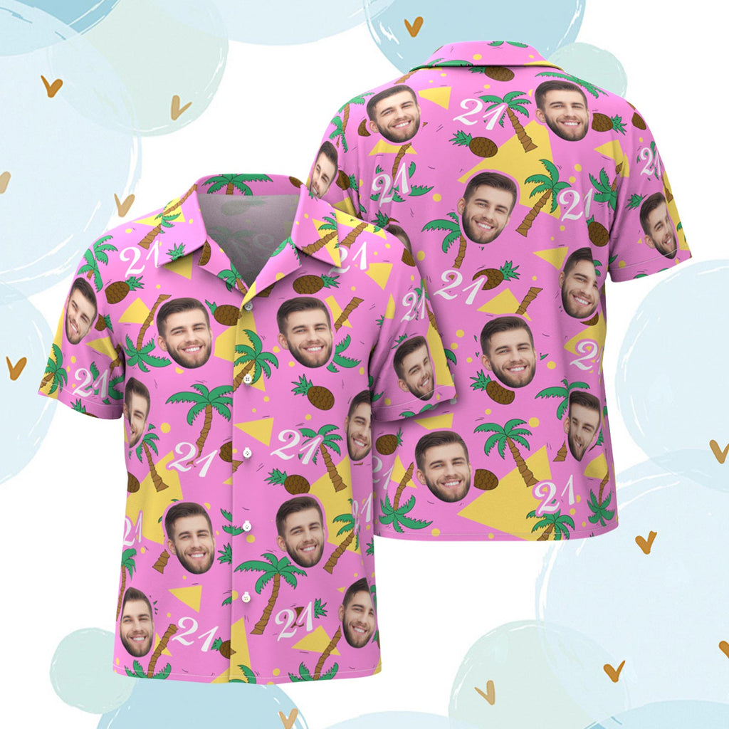 Custom Multi-color Face and Numbers Hawaiian Shirt Father's Day Birthday Present Coconut Tree and Pineapple Gift for Dad