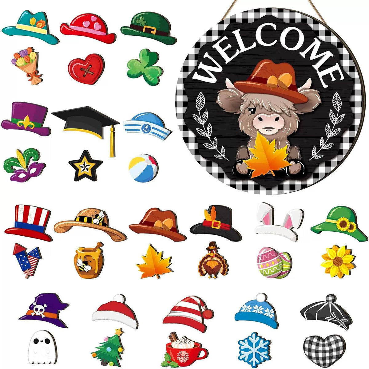 35pcs Highland Cow Sign Interchangeable Welcome Sign with Magnet Detachable Hats Accessories Cute Gnome Wooden Sign Hanging for Halloween Holiday Seasonal Decorations Birthday Party Home Wall Office Living Room Garden Farmhouse Porch