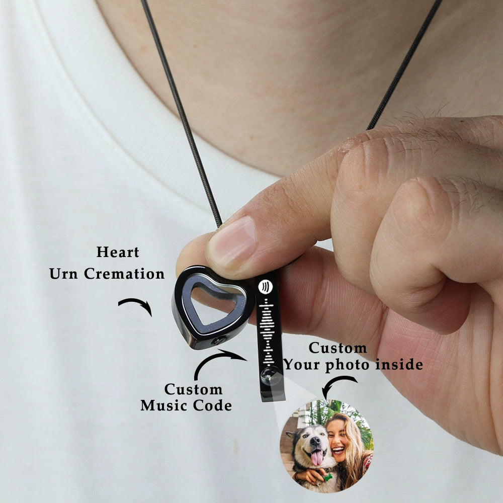 Pet Ashes Projection Necklace Spotify Code Necklace Glass Pendant Heart-Shaped Urn Necklace Custom Photo Stainless Steel Necklace For Pet Lover