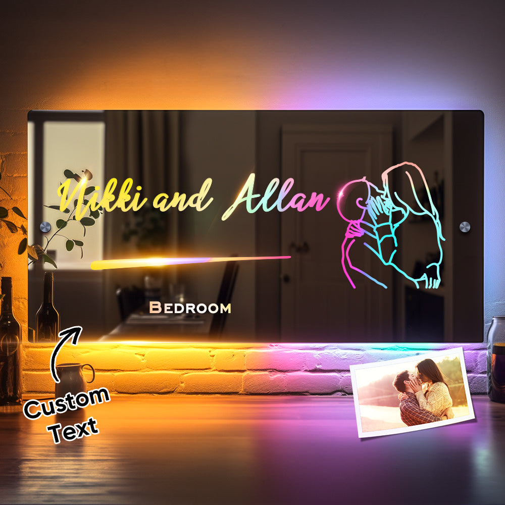 Personalized Line Photo Engraved Mirror Light Bedroom Sign Custom Mirror Neon Signs Wall Decor, Custom Name Sign for Bedroom,Christmas Valentine's Day