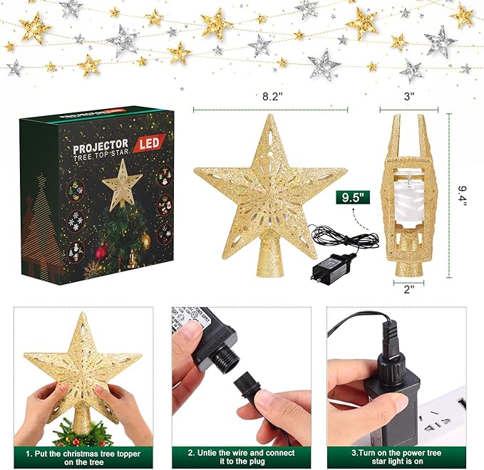 Christmas Tree Topper Star Lighted With 6 Projection Modes Christmas Star Tree Topper With Led Rotating Lights Gold Tree Topper 3d Glitter Dynamic Projection For Xmas Party Holiday Decorations