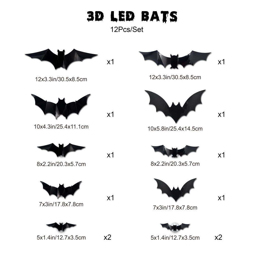3D Bat Light Design LED Decorations 12pcs Set Spooky Ornaments for Home Party Festival Halloween Easy Install Wall Stickers Smooth Application - Decorative
