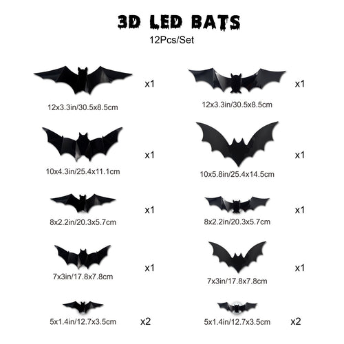 3D Bat Light Design LED Decorations 12pcs Set Spooky Ornaments for Home Party Festival Halloween Easy Install Wall Stickers Smooth Application - Decorative