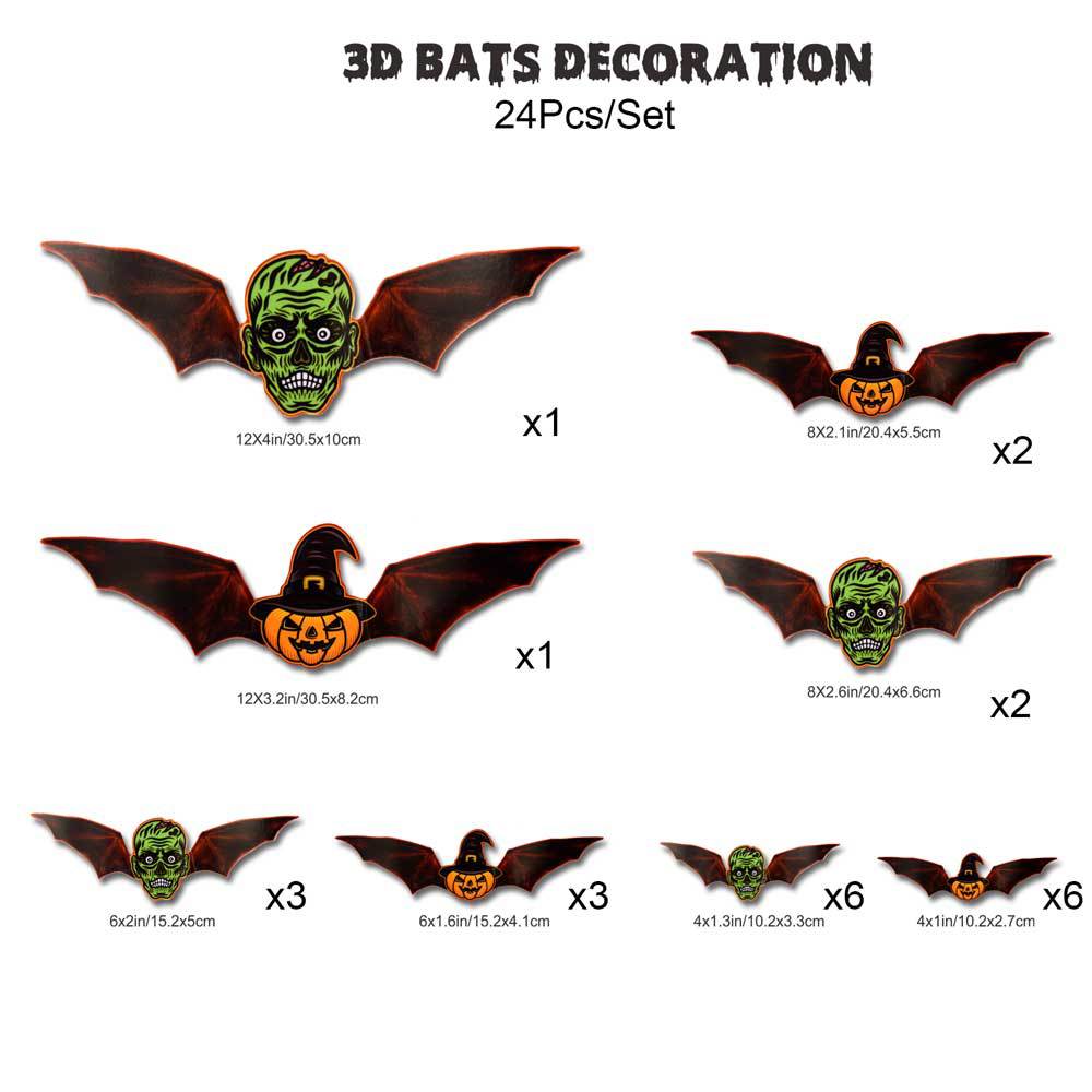 3D Bat Light Design LED Decorations 12pcs Set Spooky Ornaments for Home Party Festival Halloween Easy Install Wall Stickers Smooth Application - Decorative