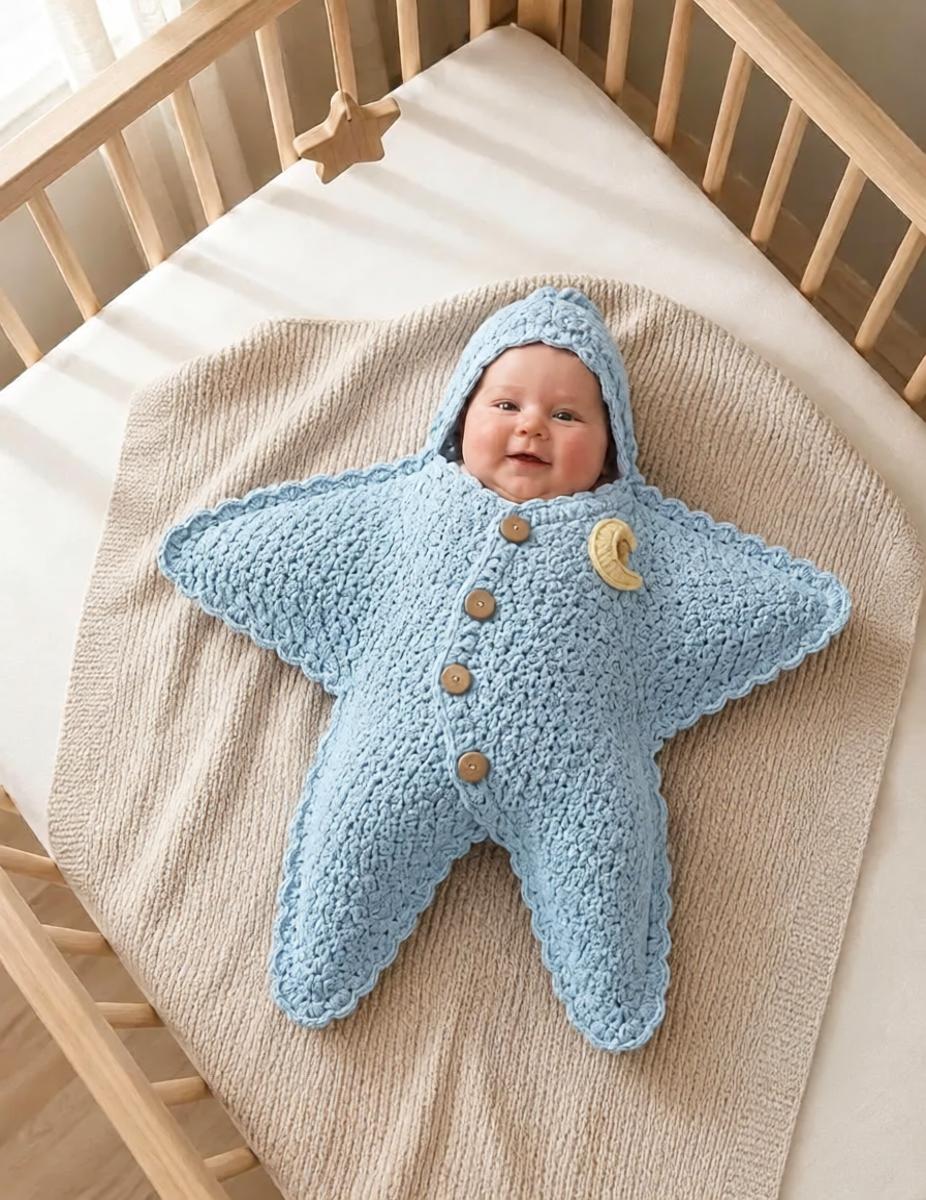 Crescent Moon Star Baby Light Blue Swaddle Blanket Crochet Hooded Sleep Sack for Newborns
