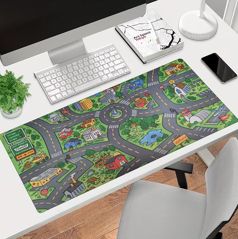 1pc Cartoon City Street Large Mouse Pad - Ultra-Smooth Desk Mat with Stitched Edges, Non-Slip Rubber Base, Vibrant Urban Map Design for Office And Home Workspace Setup