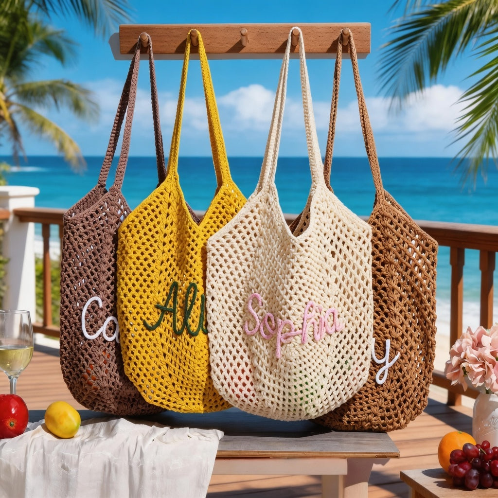 Personalized Crochet Beach Bag with Custom Name Monogrammed Straw Style Mesh Bag for Summer Vacation Hand Knit Name Tote Bag