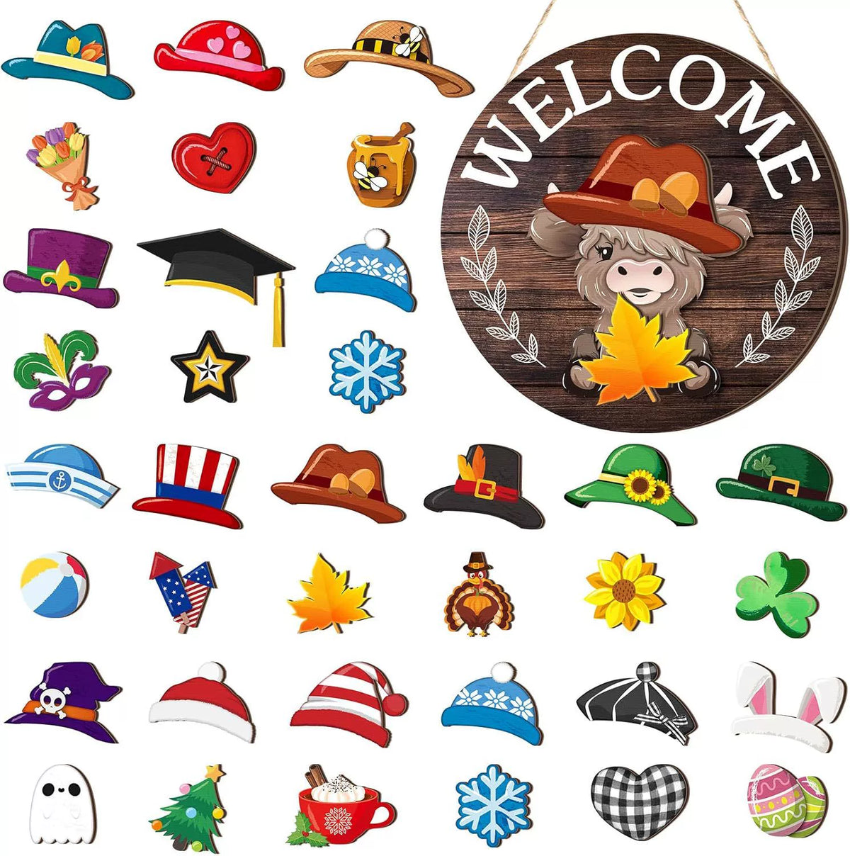 35pcs Highland Cow Sign Interchangeable Welcome Sign with Magnet Detachable Hats Accessories Cute Gnome Wooden Sign Hanging for Halloween Holiday Seasonal Decorations Birthday Party Home Wall Office Living Room Garden Farmhouse Porch