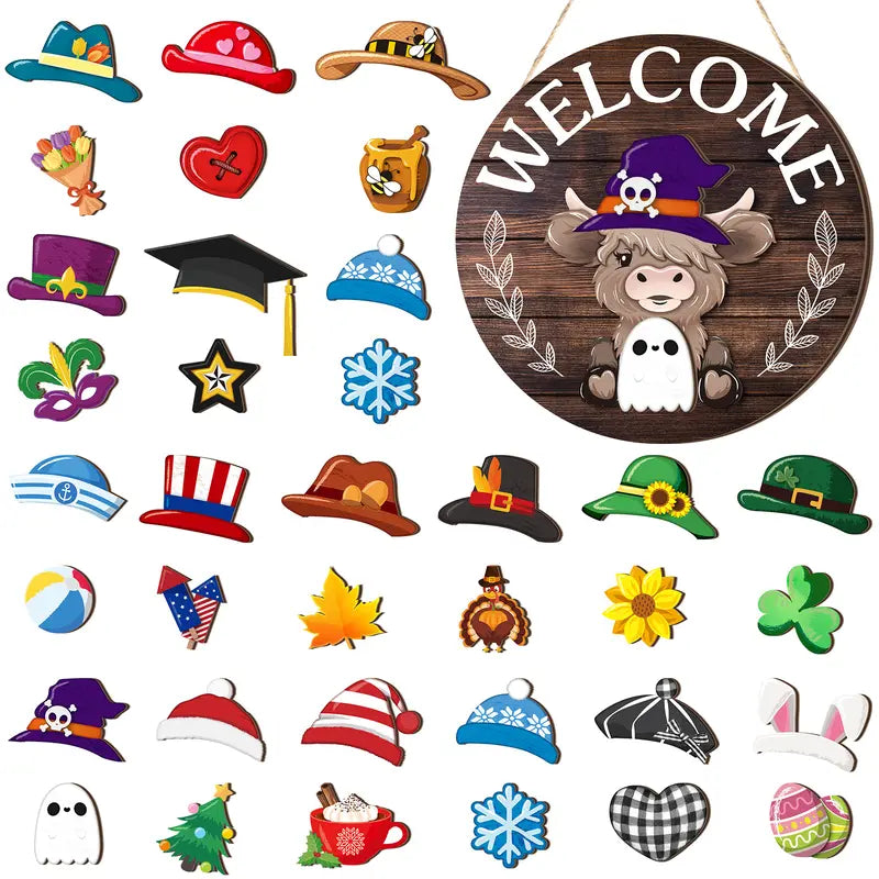 35pcs Highland Cow Sign Interchangeable Welcome Sign with Magnet Detachable Hats Accessories Cute Gnome Wooden Sign Hanging for Halloween Holiday Seasonal Decorations Birthday Party Home Wall Office Living Room Garden Farmhouse Porch