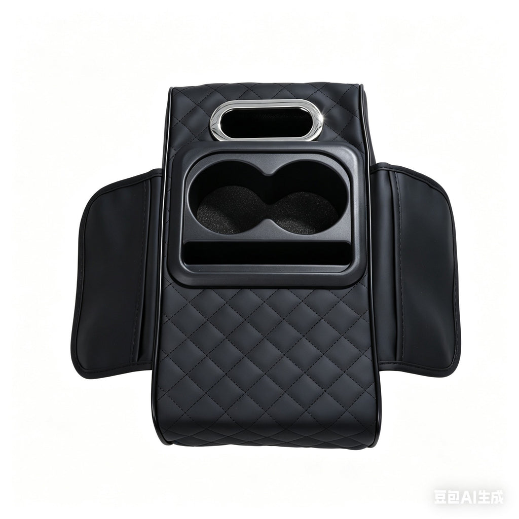 Custom Name 5 in 1 Nappa Leather Console Armrest Cover, Black | Built-in cup holder, tissue slot, phone holder & 2 storage pockets, practical car accessories fit SUV sedan truck