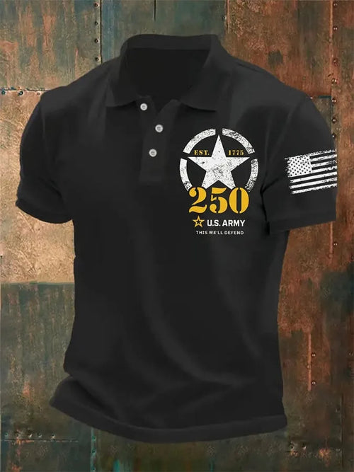 Man's Vintage National Flag U.S. Army 250th Anniversary This We'll Defend Est.1775 Printed Polo Shirt