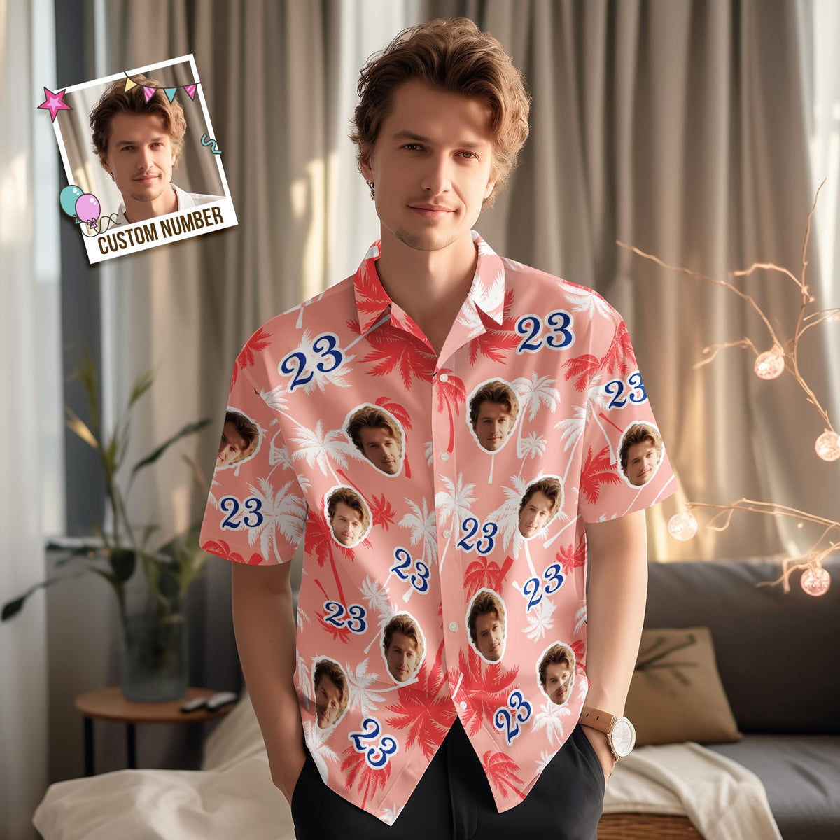 Custom Face And Number Birthday Hawaiian Shirts Father's Day Birthday Present Red And White Coconut Tree Shirt