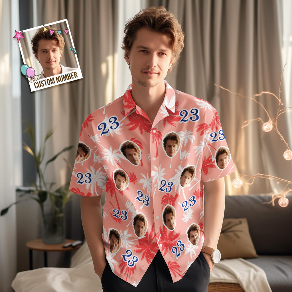 Custom Face And Number Birthday Hawaiian Shirts Red And White Coconut Tree Shirt