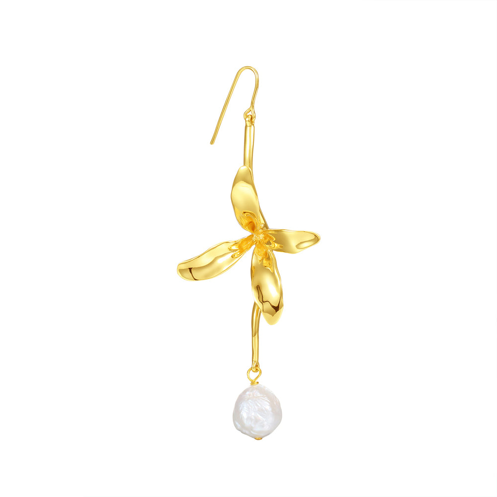 Orchids Collection Single Pearl Drop Earring With Four Petals