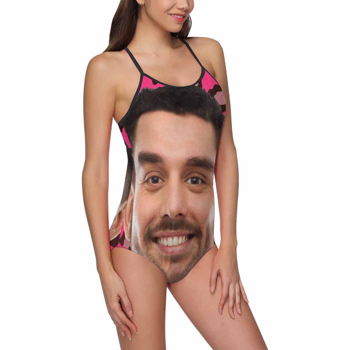 Custom Face Swimwear Women's Photo Slip One Piece Swimsuit - Pink Background