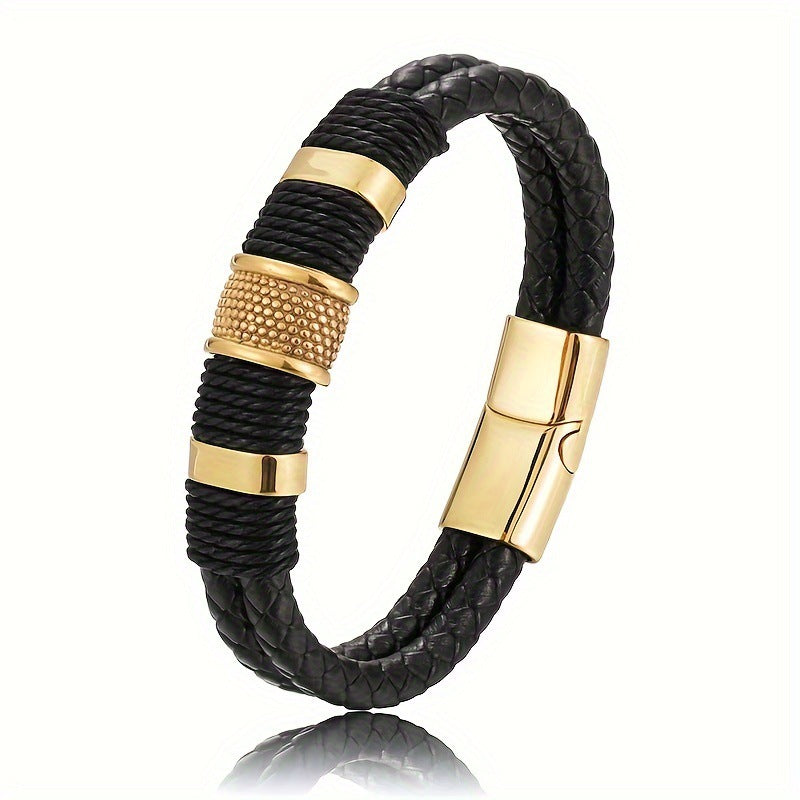Men's Braided Leather Style Bracelet Handmade Layered Cord Wristband with Textured Metal Clasp Modern Minimalist Casual Jewelry Gift for Men