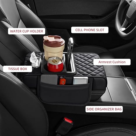 Custom Name 5 in 1 Nappa Leather Console Armrest Cover, Black | Built-in cup holder, tissue slot, phone holder & 2 storage pockets, practical car accessories fit SUV sedan truck