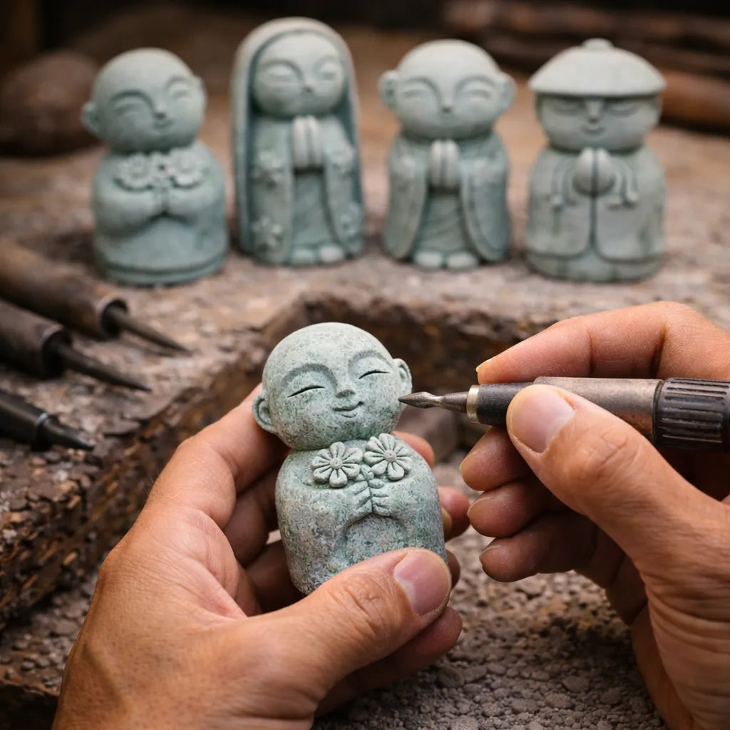 Handcrafted Stone Zen Jizo Statue Full Set