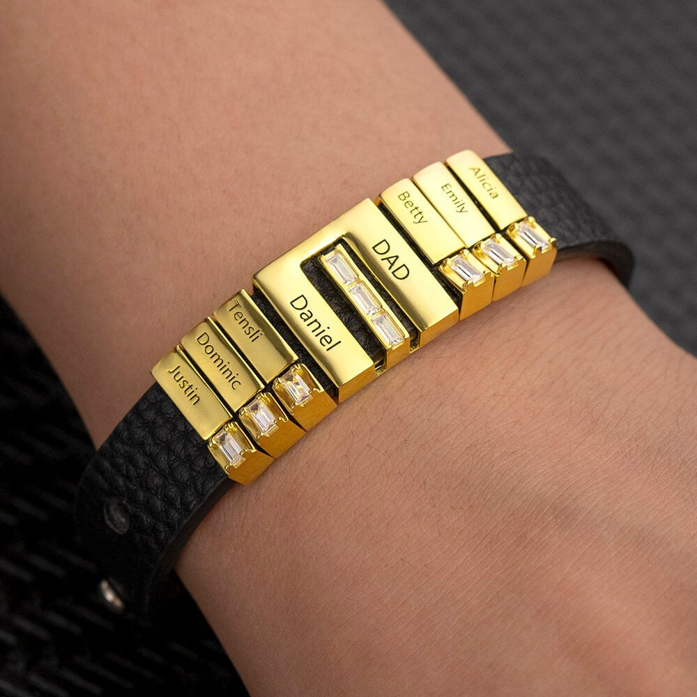 Men's Personalized Leather Bracelet With Adjustable Diamond Beads Rose Gold Plated Stainless Steel For Father's Day