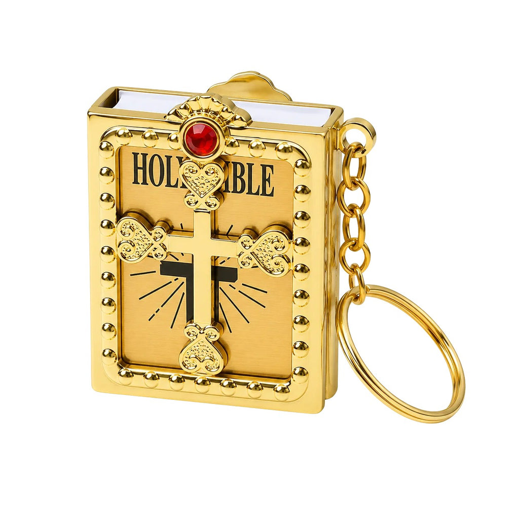 **Mini Bible Keychain – Cross Metal Book Frame with Real Readable Mini Bible, Pocket Scripture Key Ring, Religious Keepsake Gift**