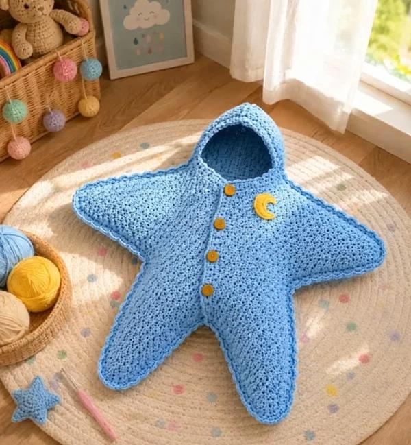 Crescent Moon Star Baby Light Blue Swaddle Blanket Crochet Hooded Sleep Sack for Newborns