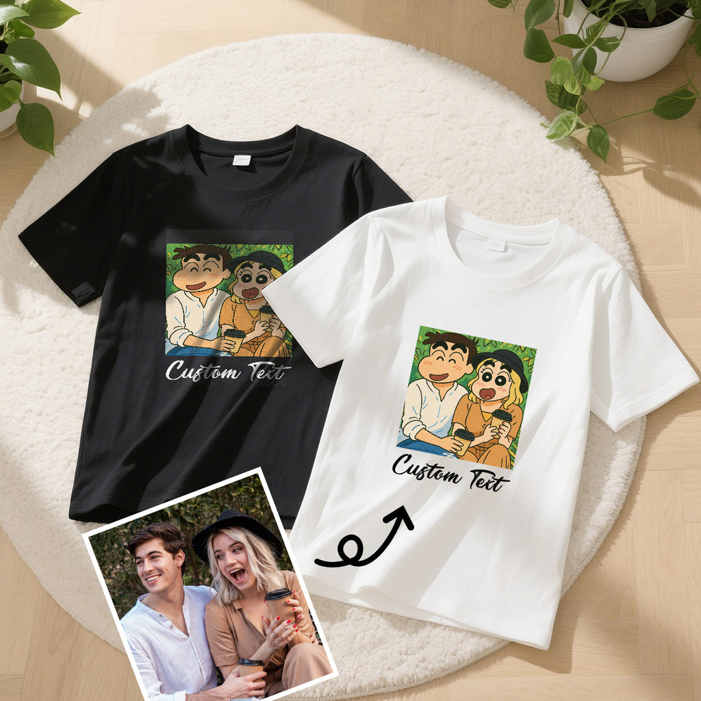 Custom Cartoon Style Photo T-Shirt Personalized Anime Portrait Tshirt with Custom Text Gift for Dad