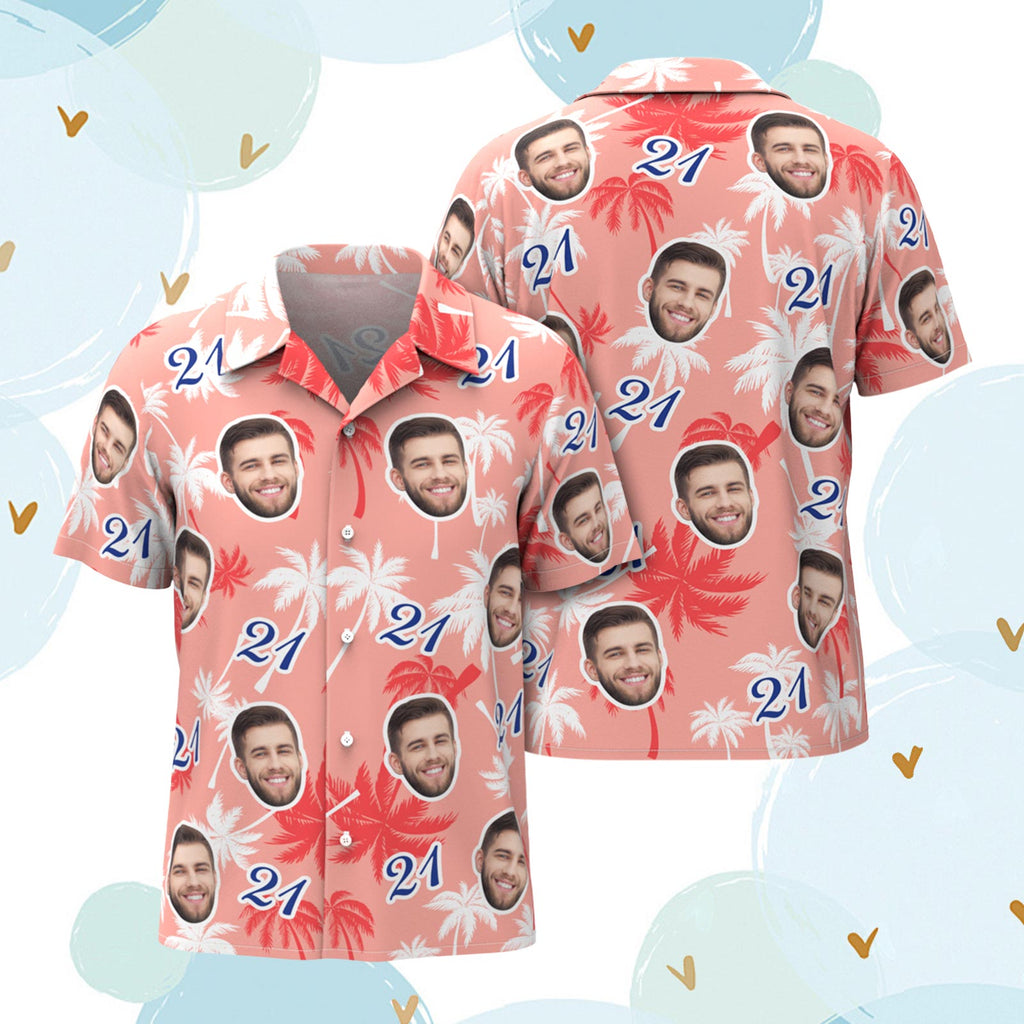 Custom Face And Number Birthday Hawaiian Shirts Father's Day Birthday Present Red And White Coconut Tree Shirt