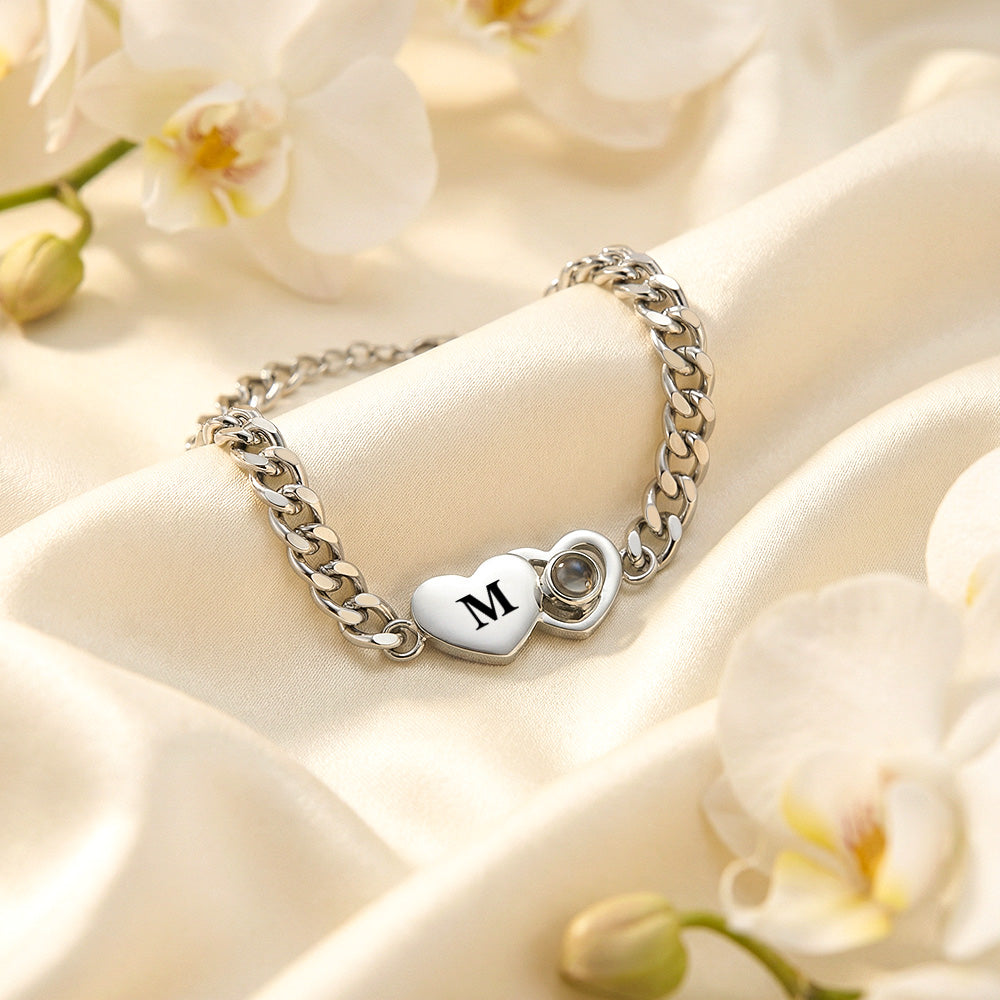 Custom Bracelet Personalized Photo Projection Bracelet Heart-Shaped Cuban Chain Bracelet Best Christmas Gift For Couples