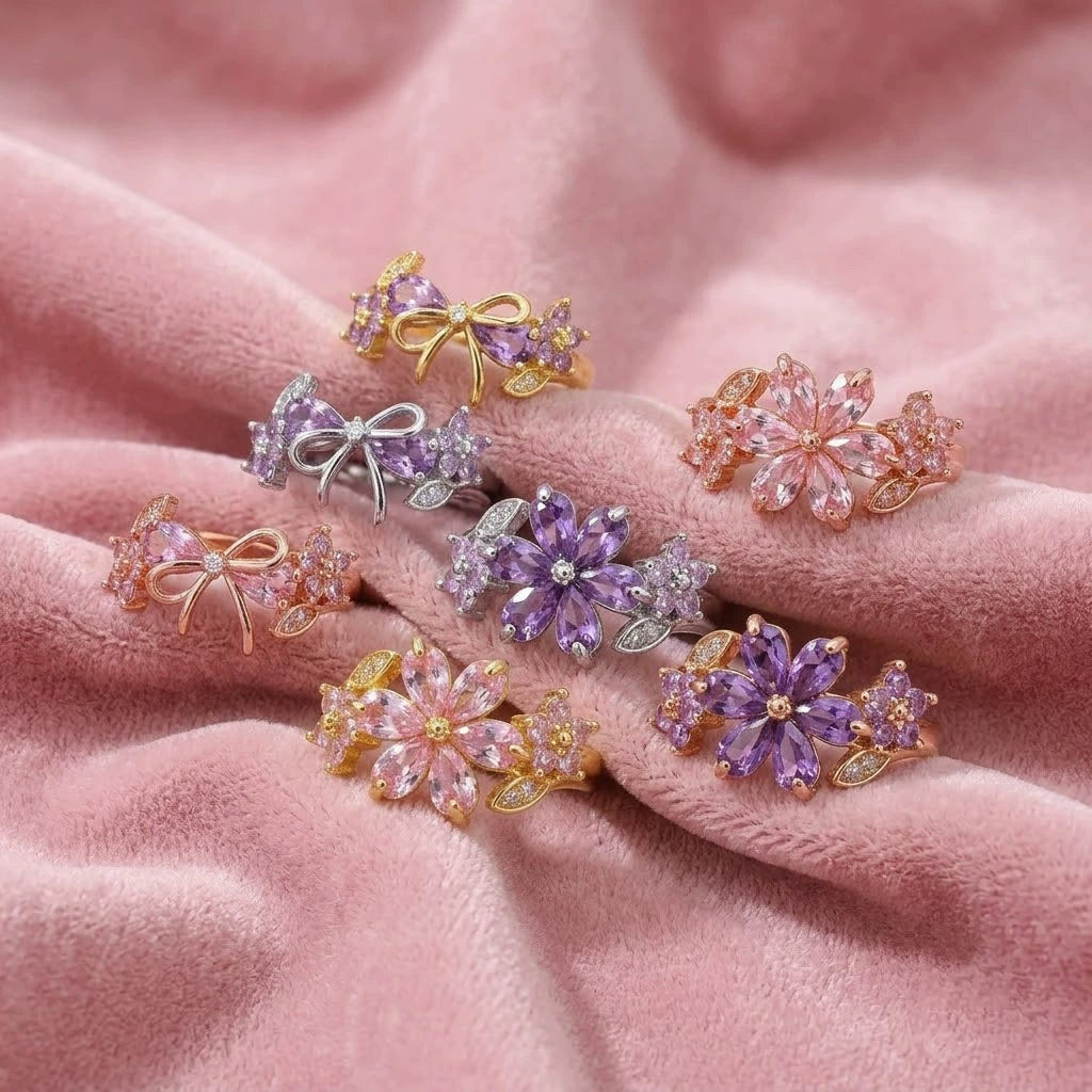 Elegant Pink Zircon Flower Open Ring 18K Gold Plated Copper Floral Adjustable Ring Sparkling Cherry Blossom Statement Ring Gift for Women