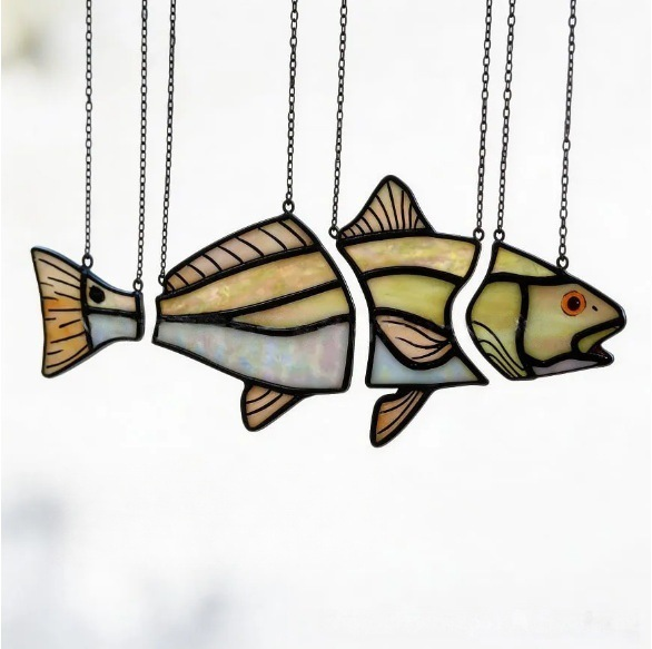 Handcrafted Stained Glass Red Drum Fish Hanging Suncatcher Coastal Art Decor Gift