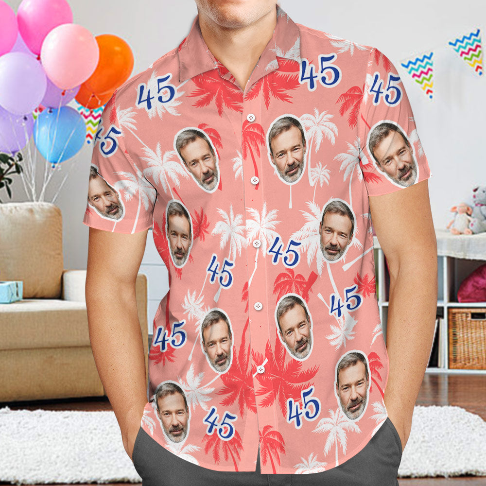 Custom Face And Number Birthday Hawaiian Shirts Father's Day Birthday Present Red And White Coconut Tree Shirt