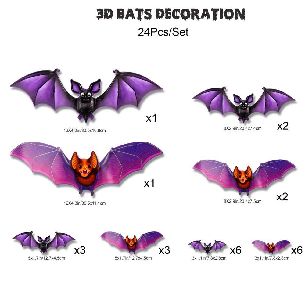 3D Bat Light Design LED Decorations 12pcs Set Spooky Ornaments for Home Party Festival Halloween Easy Install Wall Stickers Smooth Application - Decorative
