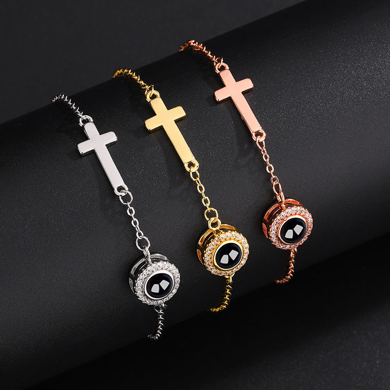 Personalized Photo Projection Bracelet with Cross, Custom Religious Jewelry, Christian Memorial Gift for Her