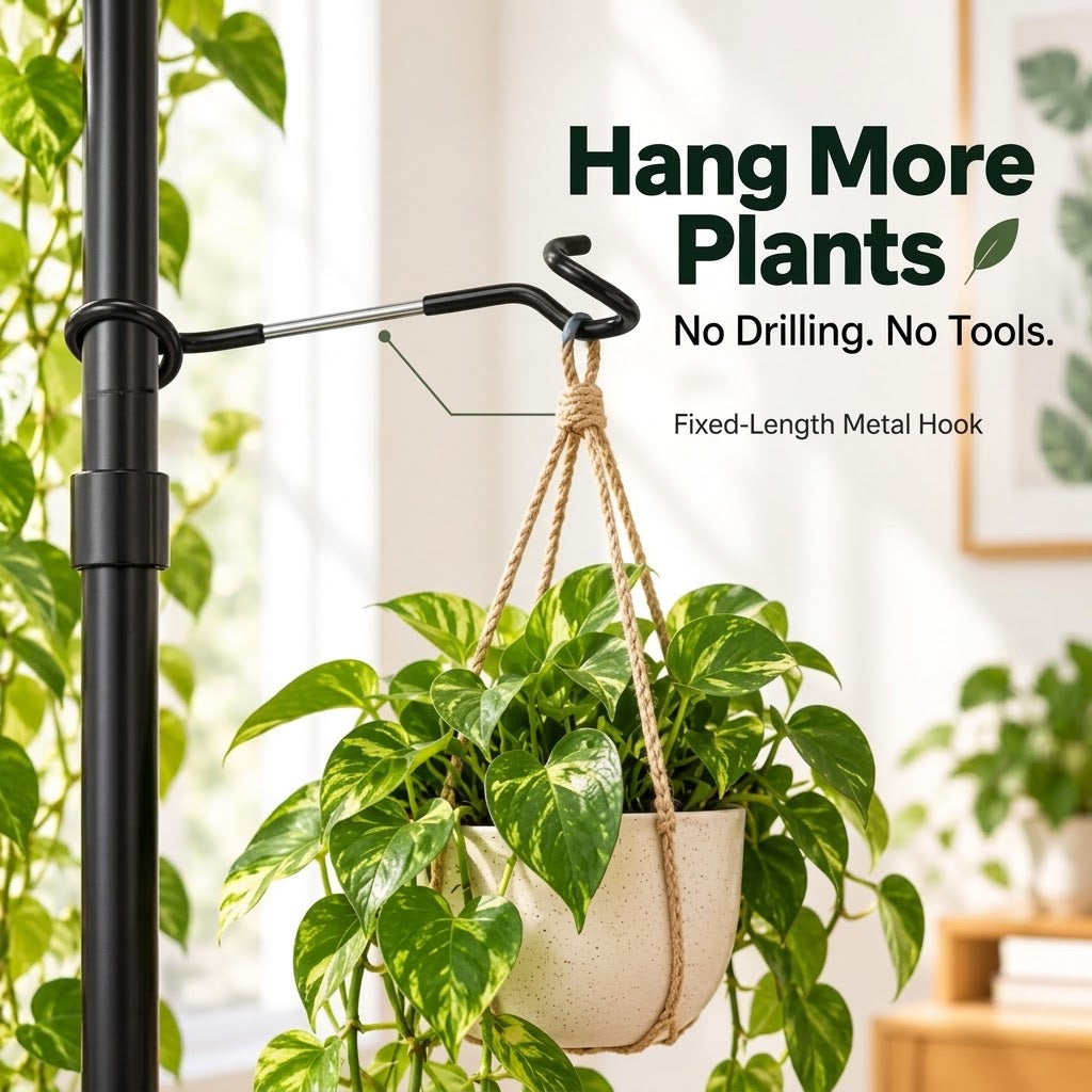 Plant Pole Hanging Hook No-Drill Extension Arm Hook Metal Plant Hanger Holder for Tension Rods Indoor Hanging Planters Macrame Baskets