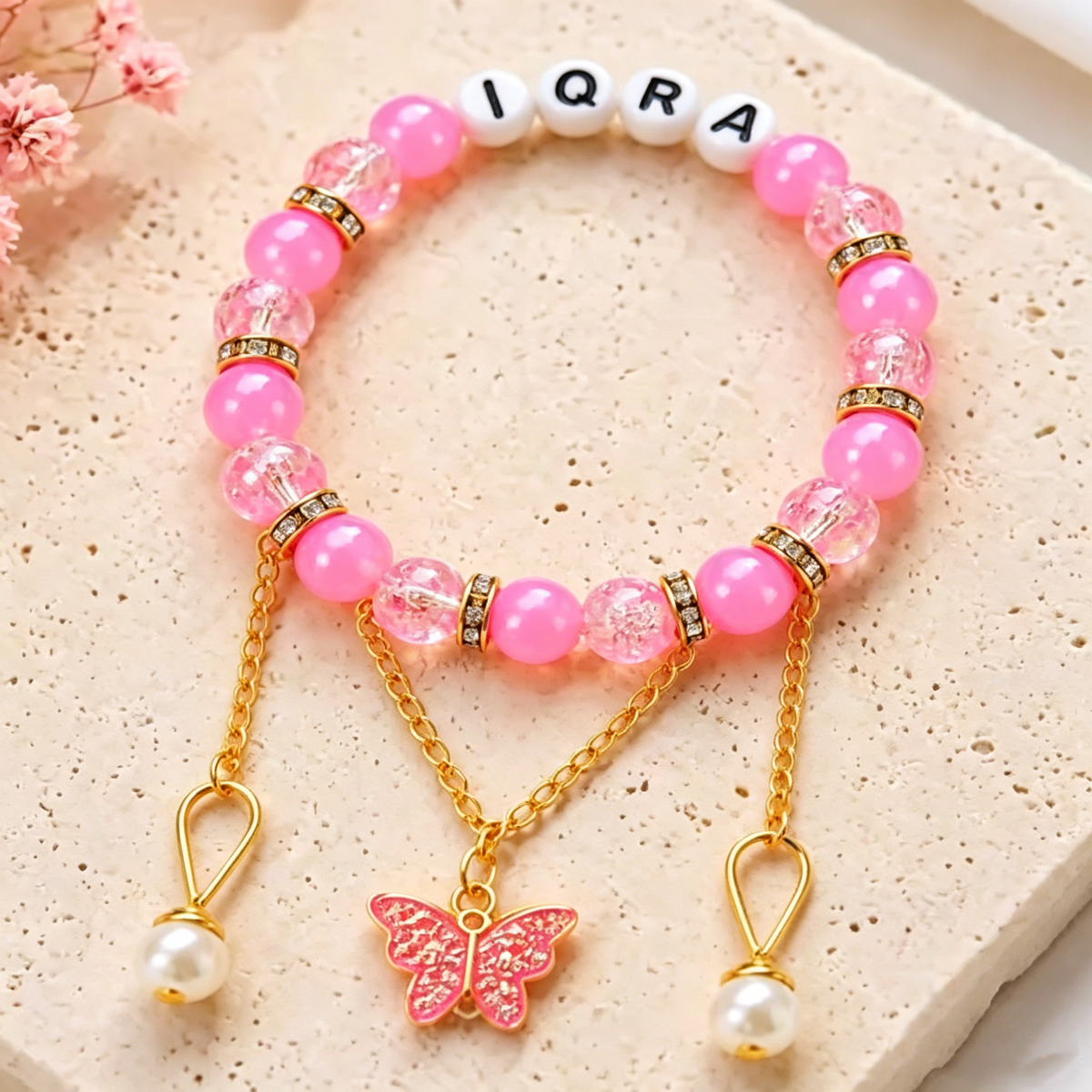 Custom Name Bracelet Beaded Personalized Wristband Gold Tone Butterfly Tassel Pearl Charm ID Alphabet Jewelry Gift for Women
