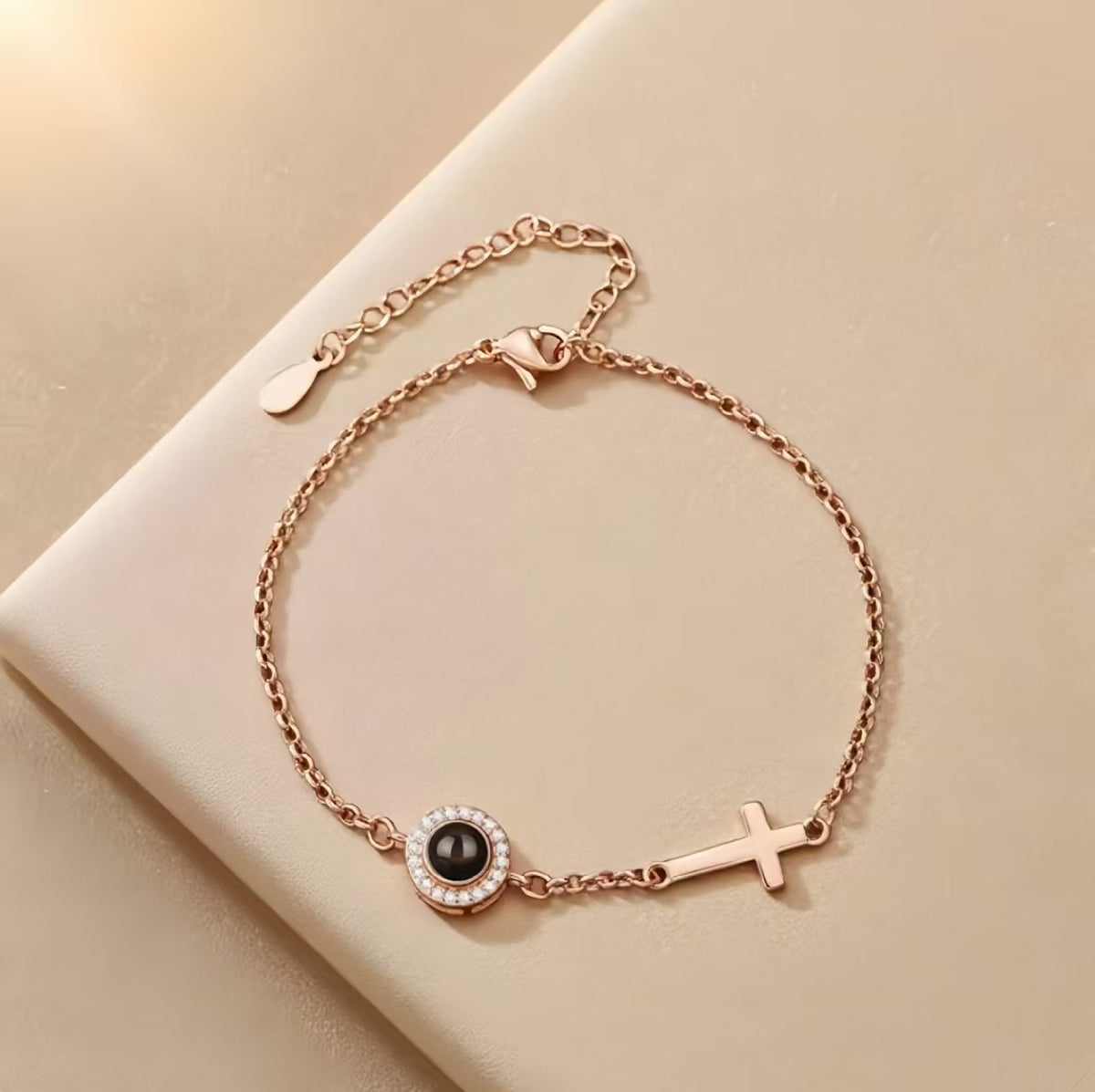Personalized Photo Projection Bracelet with Cross, Custom Religious Jewelry, Christian Memorial Gift for Her