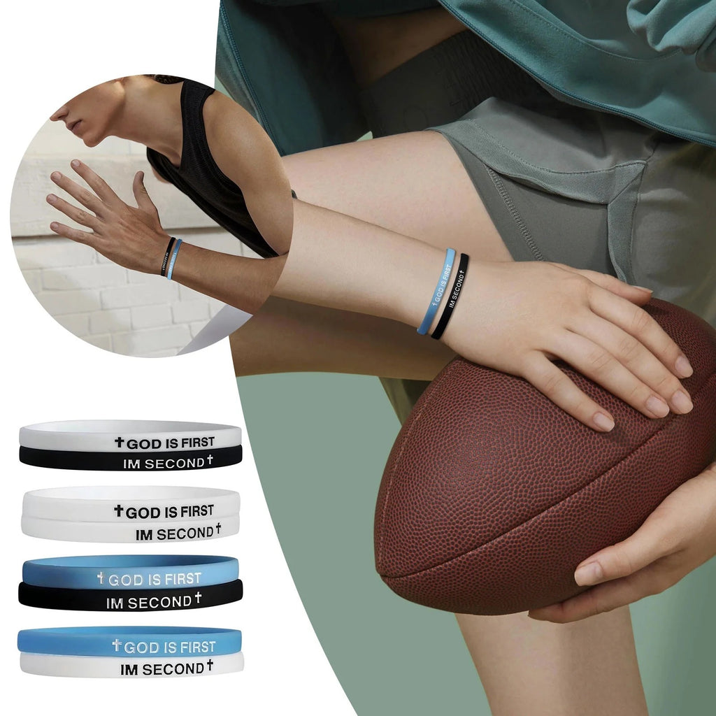 GOD IS FIRST Bracelet Set Faith Rubber Wristbands Inspirational Christian Sports Bracelets