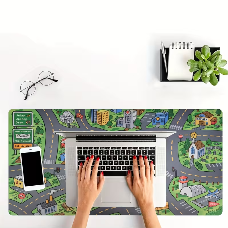 1pc Cartoon City Street Large Mouse Pad - Ultra-Smooth Desk Mat with Stitched Edges, Non-Slip Rubber Base, Vibrant Urban Map Design for Office And Home Workspace Setup