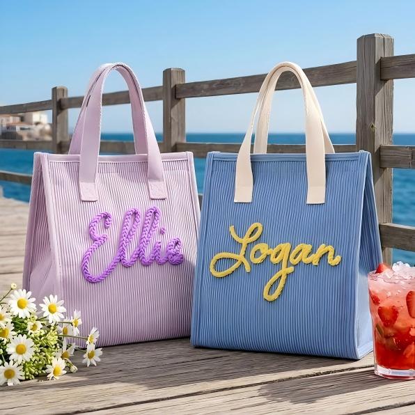 Personalized Corduroy Lunch Bag, Custom Name Soft Insulated Tote for Work School Picnic Back To School Gift For Her