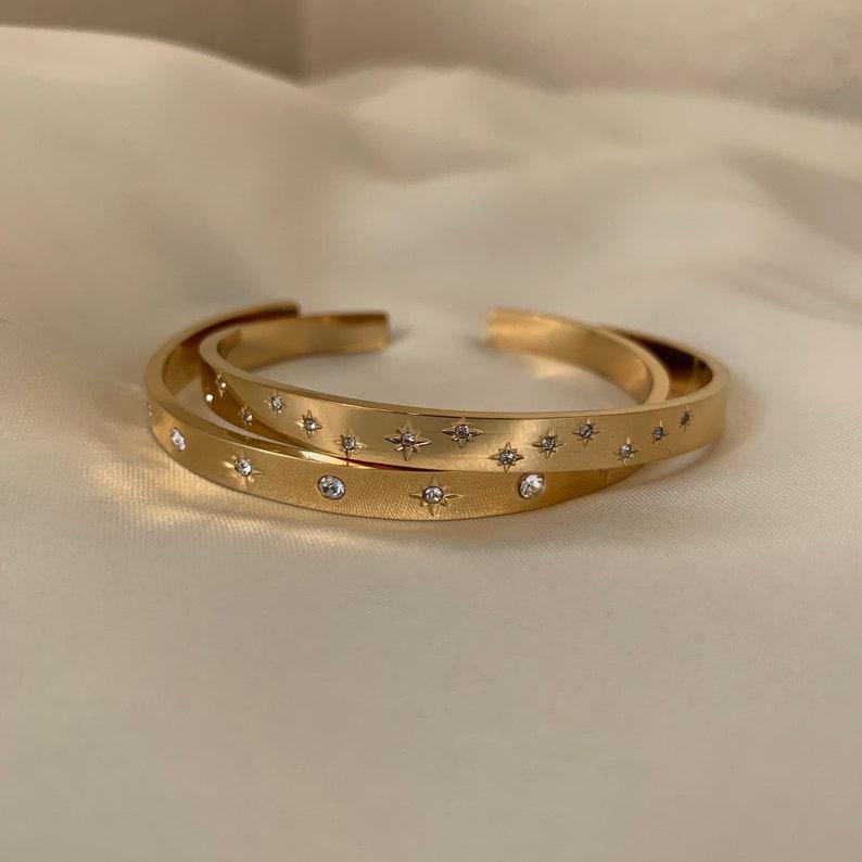 18K Gold Celestial Cuff Bracelet Set  Gold Plated Bangels Sun Stars Carved Bracelet Classic Stacking Bangles